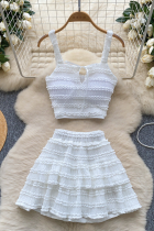 White Vacation Solid Color Flounce Spaghetti Strap Sleeveless Two Pieces