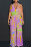 Light Purple Casual Print Backless Halter Loose Jumpsuits