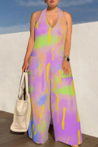 Light Purple Casual Print Backless Halter Loose Jumpsuits