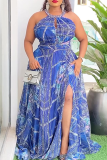 Yellow Sexy Print Slit Beading Zipper O Neck Long Plus Size Dresses