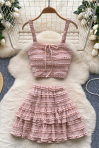 Pink Vacation Solid Color Flounce Spaghetti Strap Sleeveless Two Pieces