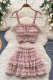 Pink Vacation Solid Color Flounce Spaghetti Strap Sleeveless Two Pieces