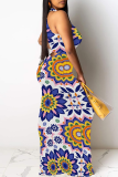 Blue Purple Casual Print Patchwork O Neck Long Dresses