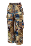 Yellow Casual Jacquard Pocket Straight Mid Waist Conventional Patchwork Bottoms
