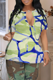Light Yellow Casual Print Slit V Neck T-Shirts