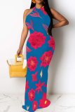 Peacock Blue Sexy Print Patchwork O Neck Long Dresses