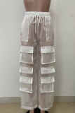 White Sexy Solid Color Draw String Pocket Loose Mid Waist Conventional Patchwork Bottoms