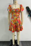 Orange Red Casual Daily Print Backless Zipper Square Neck Regular Romper