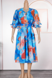 Blue Elegant Print Cross Straps With Belt Turndown Collar Long Plus Size Dresses