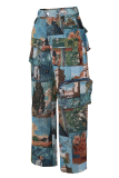 Yellow Casual Jacquard Pocket Straight Mid Waist Conventional Patchwork Bottoms