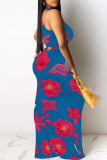 Peacock Blue Sexy Print Patchwork O Neck Long Dresses