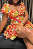Orange Red Casual Daily Print Backless Zipper Square Neck Regular Romper