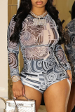 Grey Sexy Print Patchwork O Neck Long Sleeve Two Pieces