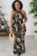 Black Green Casual Camouflage Print Patchwork O Neck Long Dresses