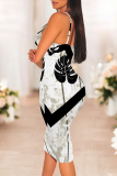 Black And White Sexy Print Patchwork Spaghetti Strap Wrapped Skirt Dresses
