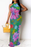 Peacock Blue Sexy Print Patchwork O Neck Long Dresses