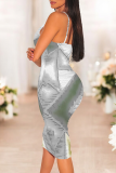 Black And White Sexy Print Patchwork Spaghetti Strap Wrapped Skirt Dresses