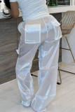 White Sexy Solid Color Draw String Pocket Loose Mid Waist Conventional Patchwork Bottoms