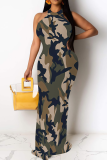 Black Green Casual Camouflage Print Patchwork O Neck Long Dresses