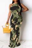 Black Green Casual Camouflage Print Patchwork O Neck Long Dresses