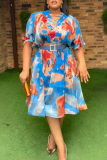 Blue Elegant Print Cross Straps With Belt Turndown Collar Long Plus Size Dresses