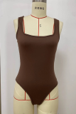 Coffee Sexy Solid Color Fringed Trim Hollow Out Square Neck Sleeveless Two Pieces