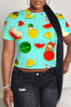 Green Casual Print Patchwork O Neck T-Shirts