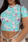 Turquoise Casual Print Patchwork O Neck T-Shirts