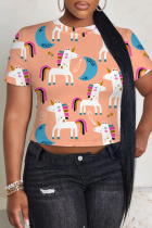 Orange Casual Print Patchwork O Neck T-Shirts