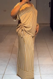 Earth Yellow Casual Stripe Draw String V Neck Short Sleeve Two Pieces
