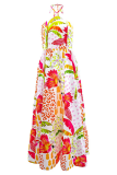 Multicolor Vacation Print Patchwork Backless Halter Long Dresses