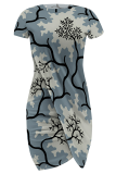 Tangerine Sexy Print Slit O Neck Irregular Dresses