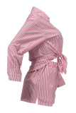 Pink Casual Stripe Pocket Buckle Patchwork Shirt Collar Long Sleeve Two Pieces