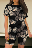 Peacock Blue Casual Print Patchwork O Neck Short Sleeve Two Pieces