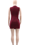 Burgundy Casual Solid Color Buckle O Neck A Line Dresses