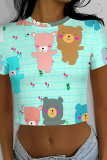 Turquoise Casual Print Patchwork O Neck T-Shirts