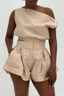 Khaki Casual Solid Color Pocket Oblique Collar Two Pieces