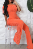 Orange Casual Solid Color Fringed Trim Off Shoulder Regular Jumpsuits