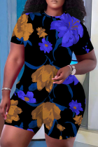 Blue Black Casual Print Patchwork O Neck Short Sleeve Two Pieces