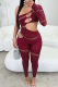 Deep Red Sexy Solid Color Hollow Out Oblique Collar Skinny Jumpsuits