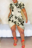 Tangerine Sexy Print Slit O Neck Irregular Dresses