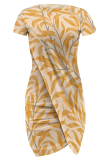 Tangerine Sexy Print Slit O Neck Irregular Dresses