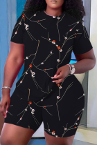 Black Casual Print Patchwork O Neck Short Sleeve Two Pieces