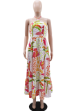 Multicolor Vacation Print Patchwork Backless Halter Long Dresses