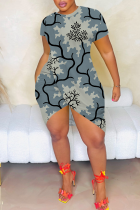 Gray Blue Sexy Print Slit O Neck Irregular Dresses