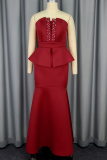 Burgundy Sexy Solid Color Slit Beading Strapless Evening Dresses
