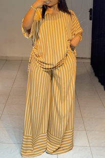 Earth Yellow Casual Stripe Draw String V Neck Short Sleeve Two Pieces