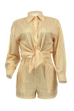 Pink Casual Stripe Pocket Buckle Patchwork Shirt Collar Long Sleeve Two Pieces