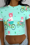 Turquoise Casual Print Patchwork O Neck T-Shirts