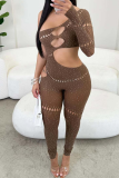 Black Sexy Solid Color Hollow Out Oblique Collar Skinny Jumpsuits
